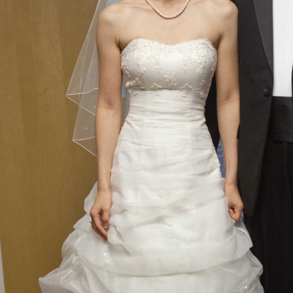 Strapless White Beaded Wedding Dress with Lace Up Back and bustle